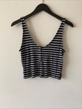 RVCA Navy and White Striped Button-Front Crop Tank